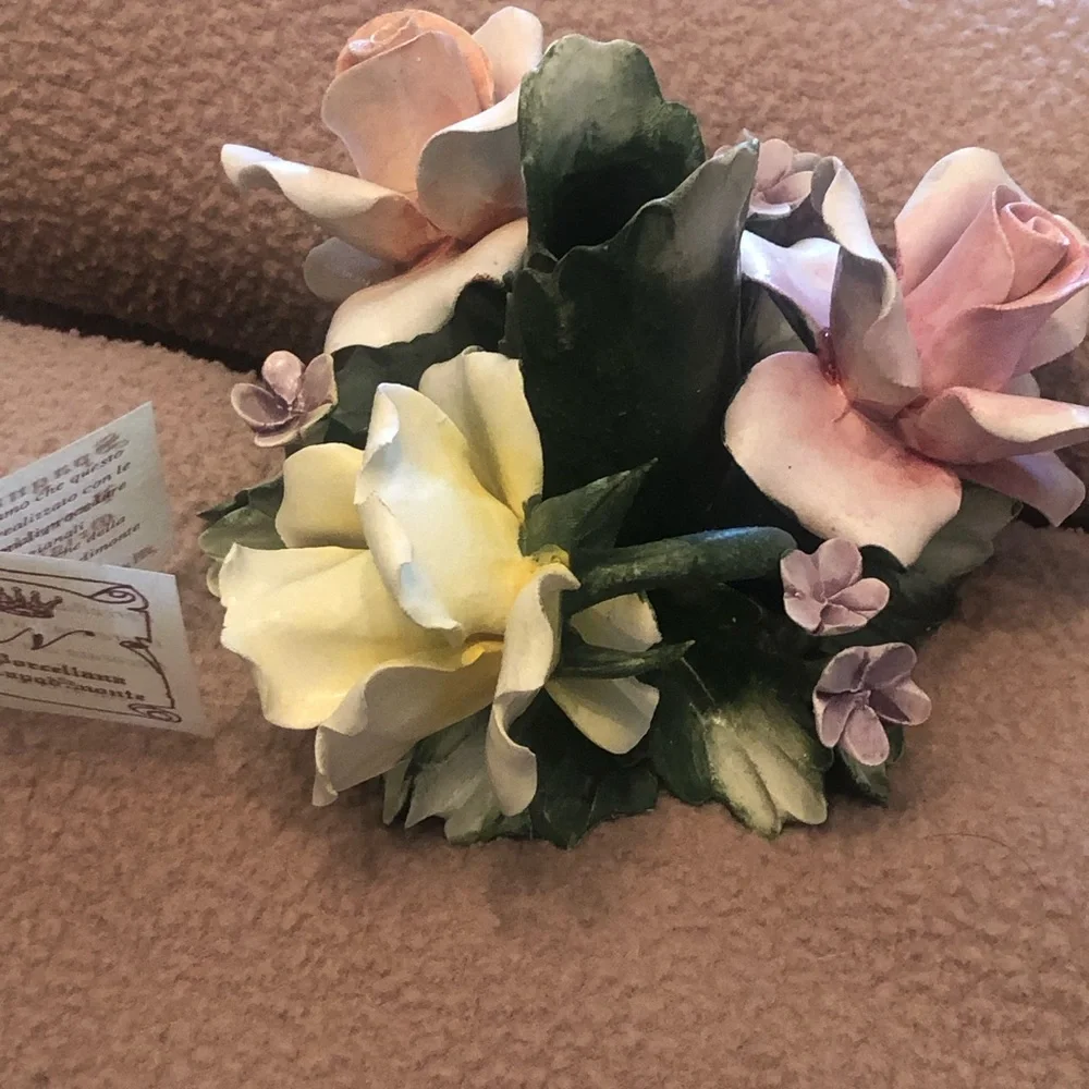 Vintage Capodimonte Yellow Rose Floral Accent with Green Leaves Candleholder